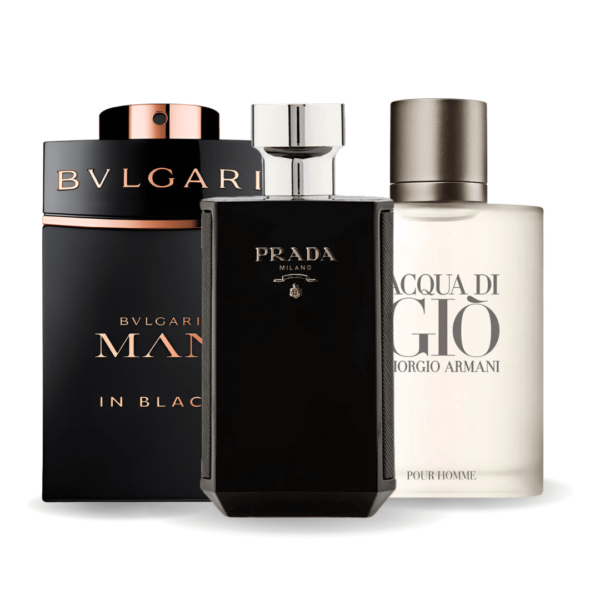 Set de 3 perfumes Bvlgari In Black, Giorgio Armani Acqua Di Gio, L'Homme Prada Intense 100ml