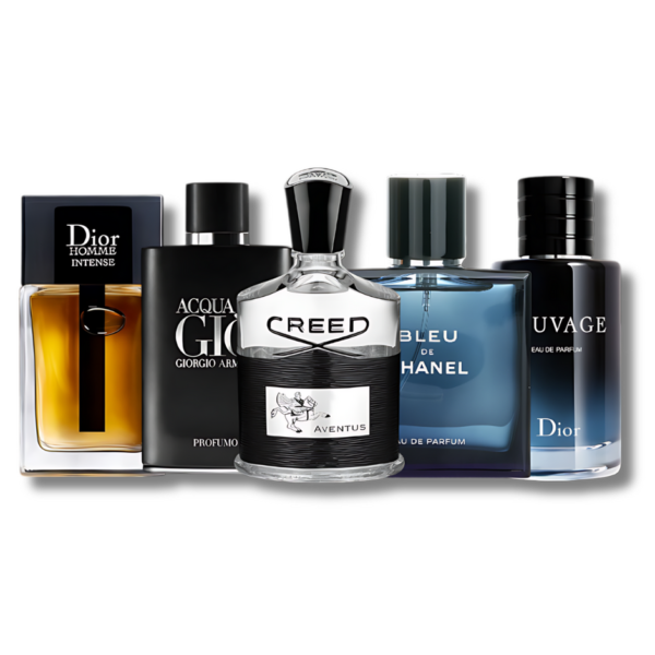 Set 5 Perfumes Creed Aventus, Bleu de Chanel, Dior Sauvage, Dior Homme Intense y Giorgio Armani Profumo 100ml